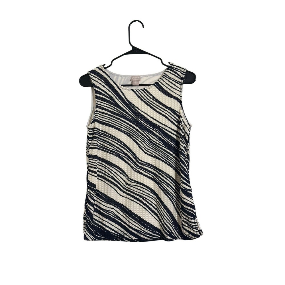 Chicos Travelers Abstract Wave Textured Shell Tank Top Black White Size 0 US 4/6